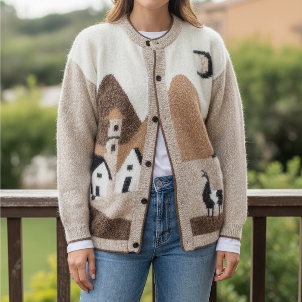 Vintage Arcohi’s Alpaca Wool Cardigan Sweater Beige Brown Graphic Peruvian Scene